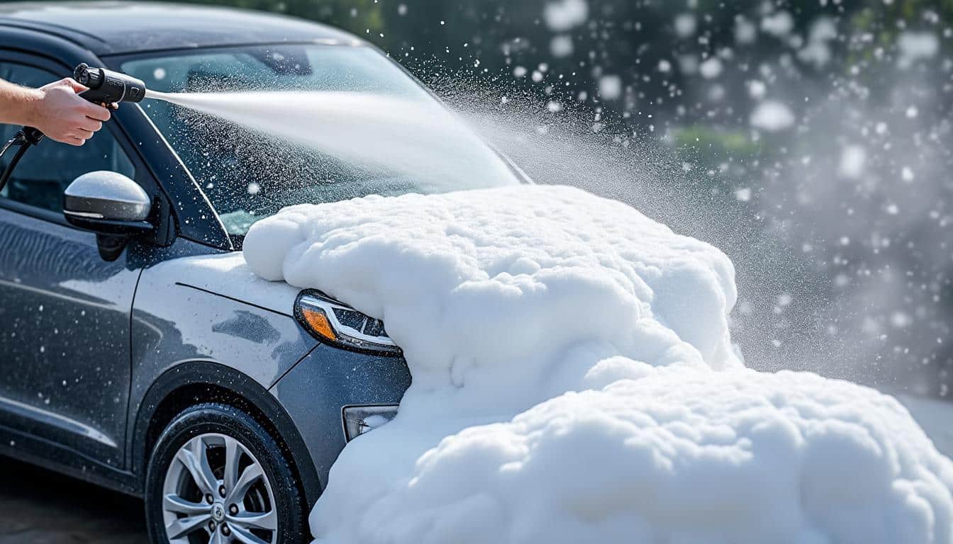 découvrez comment un canon à mousse ou foam lance génère une mousse dense et abondante pour un lavage detailing efficace, créant une véritable neige artificielle qui nettoie en profondeur tout en protégeant la carrosserie.