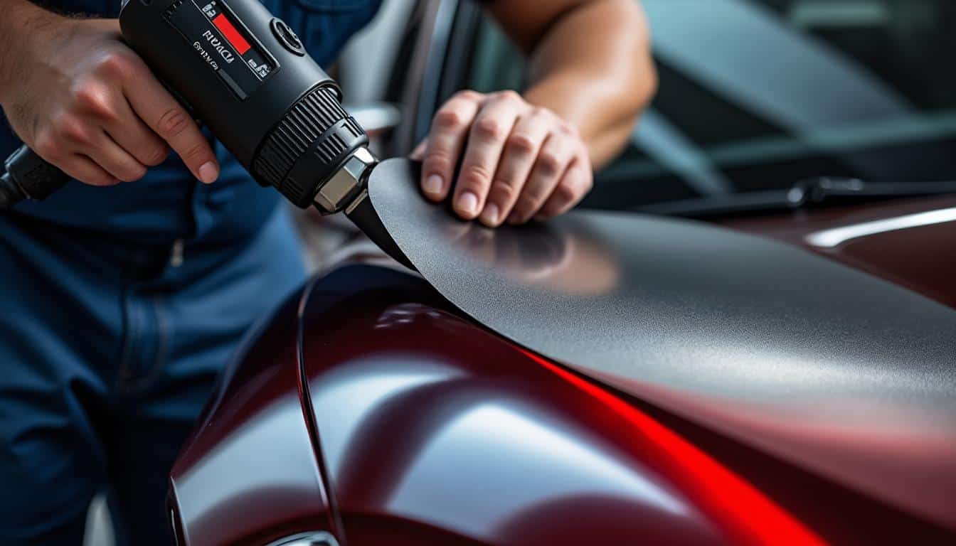 découvrez comment utiliser un décapeur thermique pour étirer le vinyle, une technique essentielle du covering en tuning carrosserie pour un rendu parfait et durable.