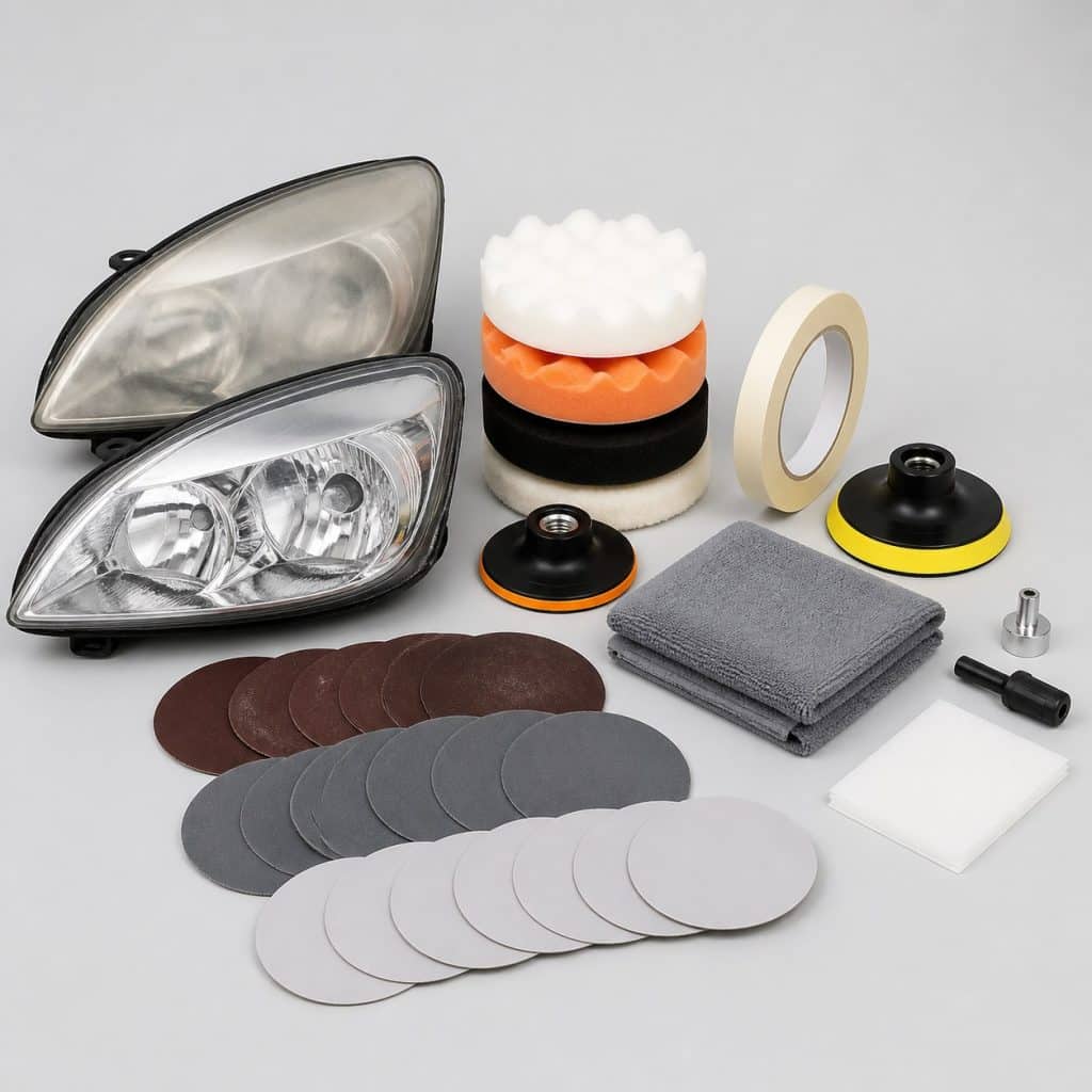 Kit de rénovation de phare présenté sur fond clair